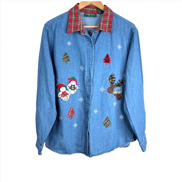 VTG Embroidered Christmas Denim Button Down XL Plaid Collar 90s Holiday Granny - Picture 10 of 10